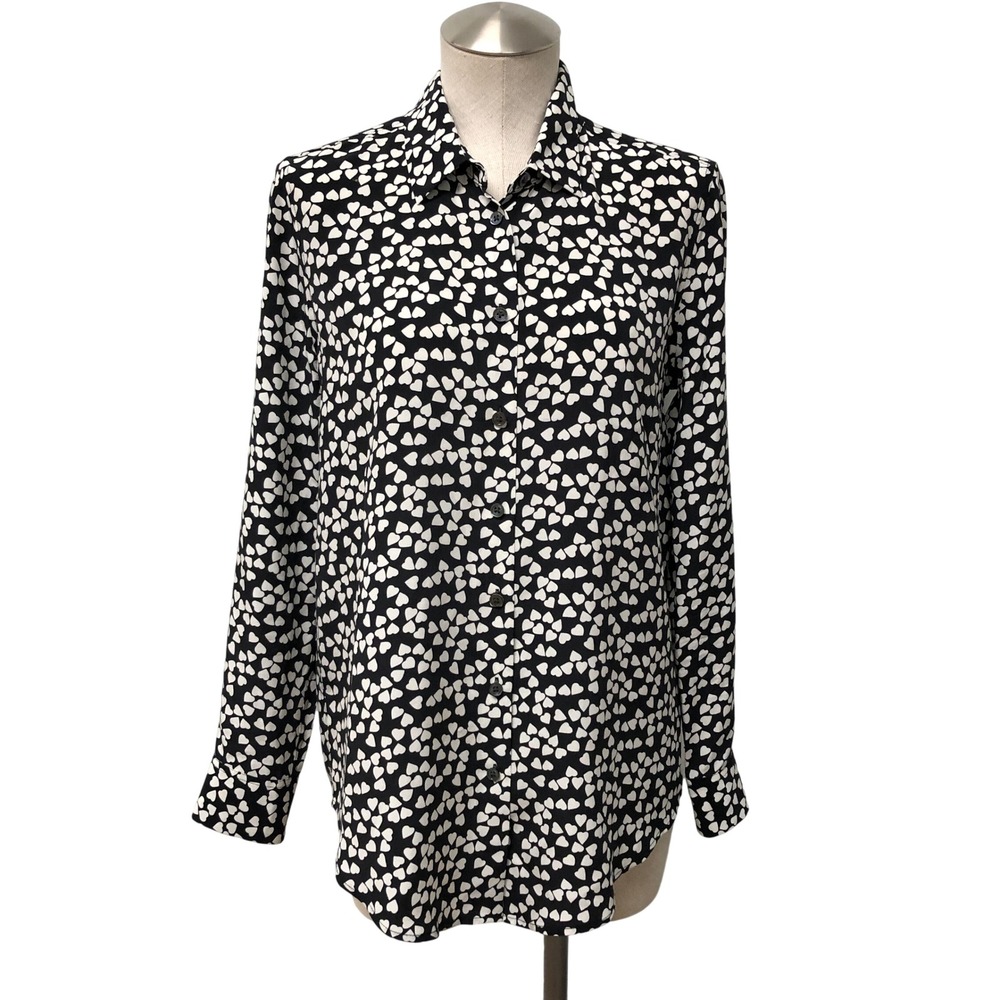 Equipment Blouse Womens S Black White Heart Silk Button Down Romantic Career